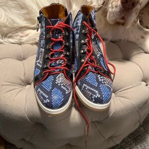 Anel Blue and Black Patterned High-Top Sneakers with Red Laces